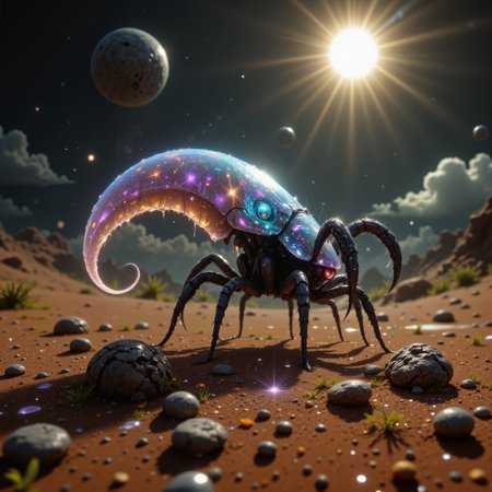 highly detailed, intricate, detailed background, award-winning macro photo, short depth of field, fractal art, in the grotesque and dimarified steppes of planet "zorfmoor ii", the magical diminutive "xenophilic rumpfquiggler" with its sputzified shimmering exoskeleton and long coiled tendrils harvests moisture from the tragulified air with delicate translucent membranes, symmetrical legs, sparse vegetation, dry biome, at night, dappled moonlight, golden ratio, in the style of ck-ovf, aidmafluxpro1.1, 
<lora:style-oneviolentfantasy-ep21-flux-by_chronoknight:0.76> 
<lora:style-cheats-by_schmede:0.68> 
<lora:flux_pro1.1_detailer-v0.2-flux-by_aidma:0.56>