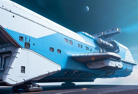 sci-fi, Futuristic, aJed-Rst, Rusty  spaceport,  (((beautiful, hyper realistic, high quality, highly detailed))), sleek blue neotech spacecraft (freighter), tarmac,