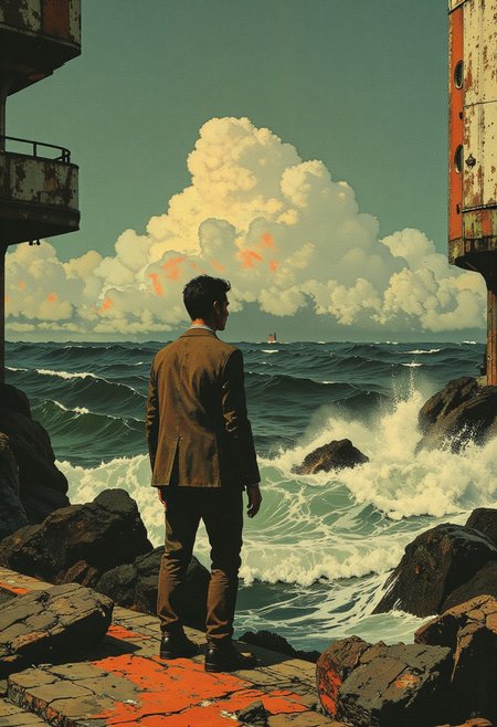 This HD, 8K digital abstract collage art piece fuses surrealism and minimalist elegance, offering a contemplative reflection on solitude. At its core, a man in a brown suit, white shirt, and black tie stands on a weathered concrete pier, his short dark hair contrasting against the vast, surreal backdrop. His intense gaze is directed at the ocean, with soft, glowing ambient light casting long shadows on his figure, imbuing him with a sense of quiet introspection. Surrounding him, fragmented elements of the scene are collaged together—his posture leans casually against a rusted metal railing, its corroded surface blending with the cracked, rugged pier, as deep blue waves crash in abstract layers, splashing droplets in vibrant texture. Above him, a fluffy white cloud floats dreamlike, soft and glowing, a stark contrast to the harsh reality of the environment, offering a whimsical, surreal focal point. The fragmented, collaged environment seamlessly intertwines natural elements like the ocean and sky with architectural forms, reminiscent of Edward Hopper's reflective solitude, while Donald Judd's minimalist compositions infuse the background with clean, geometric precision. The artwork juxtaposes these elements—earthly and celestial—drawing the viewer into a dreamlike moment of deep contemplation.