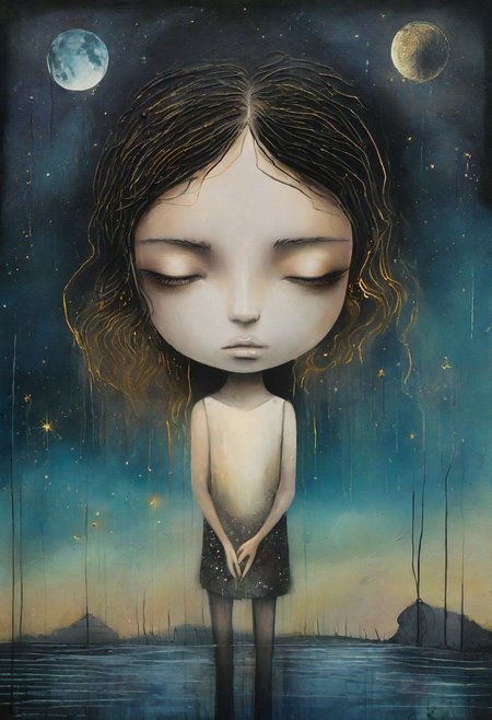 surreal  landscape  wet oil and alcohol ink, thin black and gold lines, 3-D, textured, centered, delicate, fantasy, magical, mystical, fragile. a young girl who gazes at the starlit sky ,and the moon, complementary colors, fantasy concept art,wet oil and alcohol ink, thin black and gold lines, 3-D, textured, centered, delicate, fantasy, magical, mystical, fragile." style  like  lowbrowart   8k