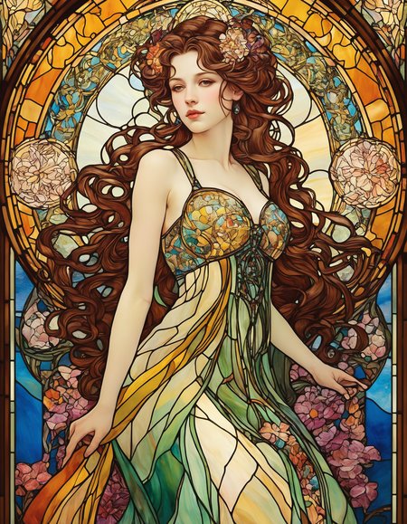 Stained glass style ,  as (((stained glass))),(NSFW:0.2), (Aerith Gainsborough in flowing dress) , (Art Nouveau), (by Gustav Klimt), (by Egon Schiele), (by Oskar Kokoschka), (by Alphonse Mucha) huge big tits, (epic composition:1.4), (talent:1.2), ultra detailed, highly detailed, insanely detailed, , exquisite, sharp, elegant, ambient lighting,, high quality, <lora:add-detail-xl:2> , colorful . Vibrant, beautiful, translucent, intricate, detailed, . Vibrant, beautiful, translucent, intricate, detailed