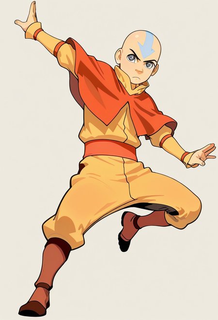masterpiece, absurdres, high quality, perfect anatomy, 1boy, solo, cute boy, male focus, Aang, Grey Eyes, Bald, Blue Facial Marking, Blue Arrow (Symbol) Tattoo On Forehead, Air Nomad Outfit, Yellow Shirt, Long Sleeves, Orange Capelet, Orange Sash Belt, Yellow Pants, Brown Boots, simple background, dynamic pose, action pose,