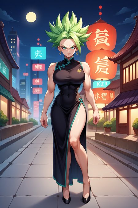 score_9, score_8_up, score_7_up, score_6_up, source_anime, 1girl, solo,  <lora:kale-pdxl-nvwls-v1-000007:1> s2Kal, green hair, spiky hair, aqua eyes, earrings, big breasts, black dress, long dress, high heels, looking at you, serious, smirk, night, city, china dress, toned