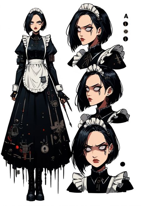 Warhammer 40k concept art, score_9, score_8_up, score_7_up, A Battle Sister Inquisitor, 1girl, (((maid outfit))), sister of battle, small breast, standing proudly, japanese maid outfit, ((black square cut)), ((black hair)), mature woman, (asian woman), estritc eyes,, Expressiveh, angry, glaases, shaded face, black eyes, dramatic, dark gothic cathedral, Imperium, mad-cbrpnksplshrt, warhammer-40k-drawing-style, splash art, concept art, character design, character reference sheet, multiple views, full body, upper body, perfect face, detailed face, pretty face, detailed eyes, symetric eyes