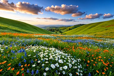 Stable_Yogis_PDXL_Positives,<lora:sdxl_lightning_8step_lora:1>,Lush green rolling hills blanketed with wildflowers in full bloom during spring, The landscape is dotted with vibrant colors of daisies, bluebells, and poppies under a bright blue sky filled with fluffy white clouds, The atmosphere is fresh and invigorating, evoking a sense of renewal,âââ
