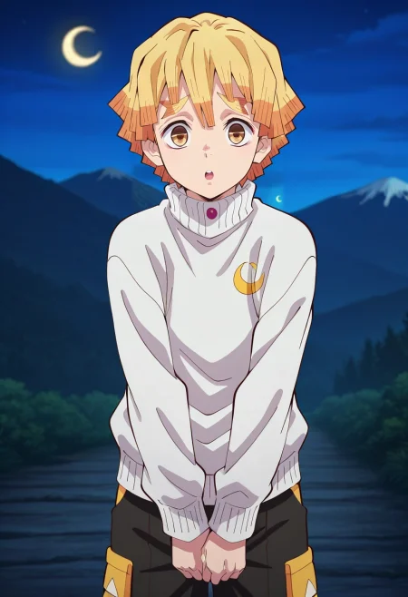 masterpiece, best quality, , anime screencap, , official style, looking at viewer, , 1boy, solo, male focus, <lora:zenitsu_agatsuma_ilxl:0.9>, zenitsu_agatsuma, blonde hair, yellow eyes, short hair, bangs, rule of thirds, fuji mountain, night, crescent moon, v arms, :o, Hiking shorts, Turtleneck sweater, , ,