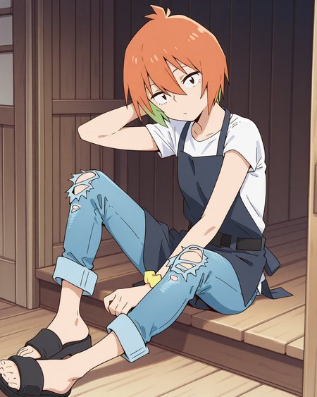 (masterpiece:1.4), (best quality:1.4),  very aesthetic,best quality, amazing quality, absurdres,
yasaku_rei, orange hair, 1girl, solo, short hair, , multicolored hair,
white shirt, jeans,short sleeve, ,denim pants, torn pants, wrist scrunchie, belt, hair between eyes, t-shirt, brown eyes,bangs, 
barefoot,black sandals,apron
 <lora:yasaku_rei:1>
sitting,looking at viewer,hand behind head
full body,indoor,wooden room