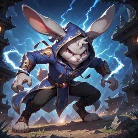 score_9, score_8_up, score_7_up, score_6_up, source_furry,BREAK, dark fantasy,  1boy, solo,detailed face eyes and fur,  rabbit boy, black mage hoodies, small gray rabbit,  pink eyes, wizard,   hood,  dark,night,(serious:0.8), dynamics,  <lora:Concept Art Eclipse Style LoRA_Pony XL v6:0.75> ,  <lora:Pony_DetailV2.0:1.0>,   hiding , poor clothes, battle stance, disguised, lightning magic, pants, robe