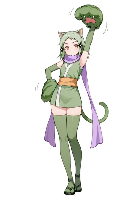 masterpiece,high quality details, absurdres, 
stretching, one arm raised, other on hip, slight side bend, relaxed body,  ,
 <lora:Mao_Kusagakure:0.8>
mao_cnr, 1girl, green hair, short hair,orange eyes, cat ears,cat tail,hair ornament,
ninja, japanese clothes, kimono, sleeveless kimono,purple scarf,elbow gloves,green thighhighs, sandals,paw gloves,cat paws,, uwu,, simple background, white background, front view,solo,