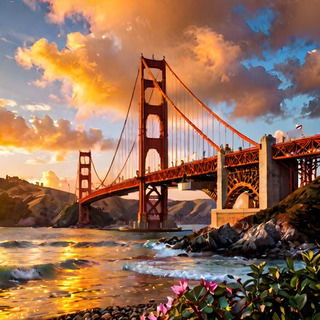 ((Golden Gate Bridge:1.2)),San Francisco,photography, realism, highly detailed,  wide view of bridge, Architecture photography, full view of bridge, ,golden hour,clouds in various shades of orange and pink, 