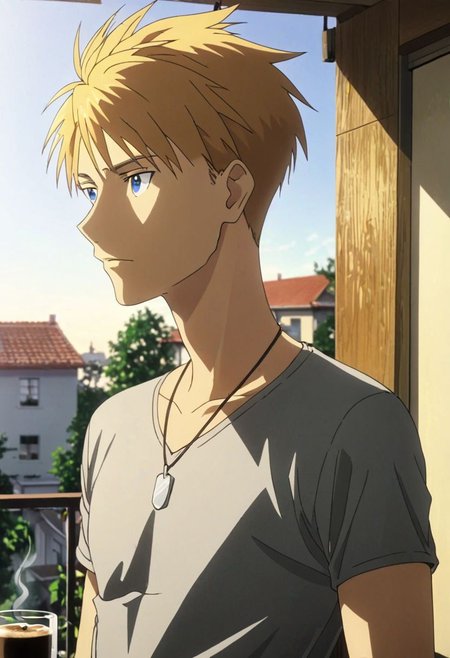 high resolution, professional photography, best quality, 1Boy, Yamato Ishida, blond hair, deep blue eyes, necklace, home balcony, morning, soft sunlight, cigarette, coffee, v-neck t-shirt, shorts, potrait, looking away, OverallDetail
