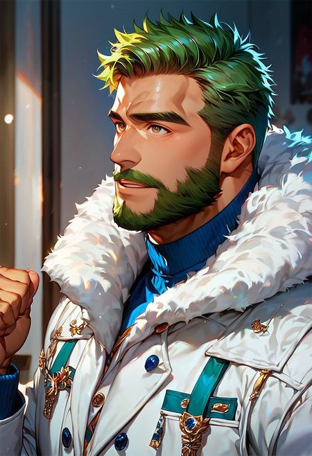 score_9,score_8_up,score_7_up, score_9, score_8_up, Intricate Details, Masterpiece, Best Quality, 1man, mature, bara, solo, male focus, bulky, correct anatomy, perfect hands, stylized seinen anime style, lots of details, shaded skin, shaded, detailed shading, detailed skin, counter shading, tan skin, bodybuilder, dressed for the cold, fur jacket, long sleeves, looking up as snow falls, green hair, brown colored eyes, masculine features, older man, full beard, tour guide