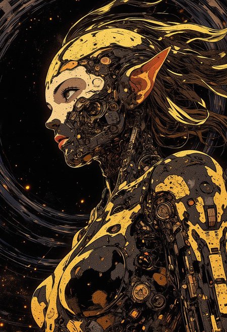 Giger style, abstraction and surrealism,  young elf woman in black marble with gold flecks and gold engraving with different patterns, eyes open, marble hair, breasts, on the background of a black hole with coriolis , intricate details, colorful, hdr, masterpiece, award, amazing composition, highly aesthetic, brilliant lighting, Good body proportions, The image depicts a female figure wearing an intricate costume in a striking combination of gold and black hues. The suit creates a futuristic and avant-garde feel, reminiscent of high-tech armor or a stylized biomechanical ensemble. The subtleties of the design include sinuous lines, curves and patterns that create a sense of fluidity and movement, reminiscent of organic structures. The contrast between dark and metallic tones adds depth and a sense of luxury to the entire image. The pose of the figure and the background of the artwork suggest a dynamic and sophisticated aesthetic that seamlessly blends technological and organic elements. This image evokes a sense of power, sophistication and mystery, inviting the viewer into the realm of innovative and futuristic design, atmospheric grit, detailed sharp background, grainy, noise . shallow depth of field, vignette, highly detailed, high budget, bokeh, cinemascope, moody, epic, gorgeous, film grain, grainy