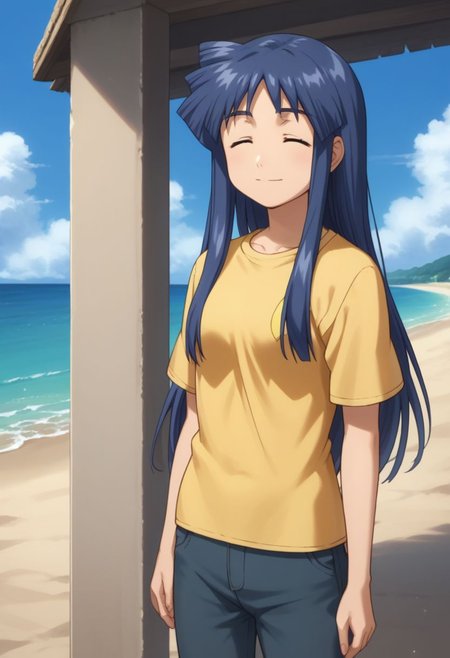 score_9, score_8_up, score_7_up, source_anime, highly detailed,
chizuru, 1girl, solo, closed eyes, long hair, blue hair, shirt, smile, pants, t-shirt, short sleeves, yellow shirt, arms at sides,
outdoor, beach, sky, cloud.