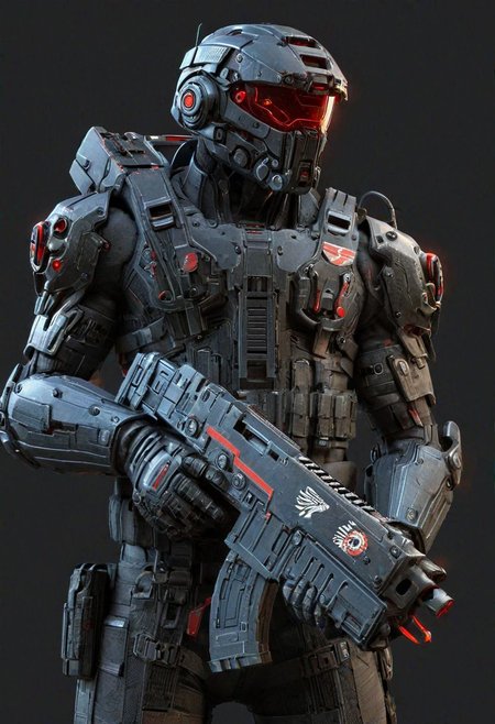 man in (neon red) mad-bdyarmr, holding bltgun bolter weapon, helmet, night, cyberpunk road, fullbody view, (masterpiece:1.2), best quality, (hyperdetailed, highest detailed:1.2), high resolution textures