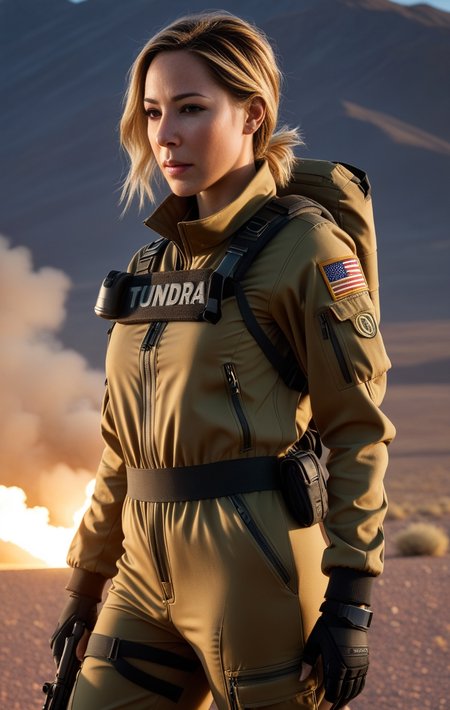 UHD, 4k, ultra detailed, cinematic, a photograph of Photorealism, a woman wearing  ar tactical jumpsuit   in a tundra, Photorealism, often for highly detailed representation, photographic accuracy, or visual illusion., epic, beautiful lighting, inpsiring octane render, octane redshift, trending <lora:HaiwanaKelekolio:1>