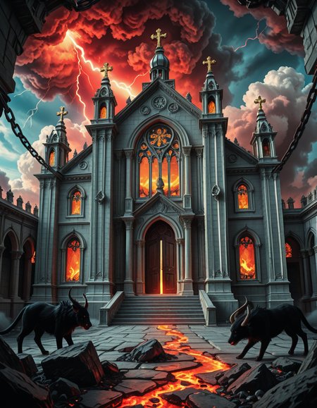 A once-majestic celestial temple, now under siege by the forces of Hell. The grand white stone structure is cracked and scorched, its golden crosses twisted and broken. The stained-glass windows, once glowing with warm divine light, are now shattered, with demonic symbols glowing ominously in their place. The sky, once a serene blue, is now consumed by dark storm clouds, swirling with red lightning and thick smoke.
Black, jagged chains extend from the sky, wrapping around the temple as if trying to pull it down into the abyss. The once-fluffy clouds beneath the structure are now a chaotic mix of fire, ash, and dark mist, with glimpses of molten lava cracks below. Infernal creatures with glowing red eyes lurk in the shadows, their silhouettes barely visible through the smoke and fire.
The temple doors are blown open, revealing an eerie red glow emanating from within, as if Hell itself is consuming the sacred space. Massive demonic runes are etched into the stone, pulsating with an unholy energy. The entire scene is bathed in a deep crimson and orange glow, giving it an apocalyptic and nightmarish atmosphere.
Style & Lighting:
- Dark fantasy, highly detailed
- Dramatic, high-contrast lighting with fiery glows
- Cinematic composition, epic scale
- Strong use of shadows, embers, and atmospheric foghighly detailed and atmospheric view from inside a massive birdcage, large enough for a human to stand inside. The cage is made of ornate, aged metal bars with intricate Victorian-style patterns, curving elegantly towards the domed ceiling. Sunlight filters through the gaps between the bars, casting long, dramatic shadows on the wooden floor. Delicate vines and small flowers have begun to grow around the bars, adding a touch of nature reclaiming the space. The background beyond the cage is blurred, hinting at a lush garden or a mysterious, abandoned mansion. The ambiance is serene yet slightly melancholic, with warm golden light illuminating dust particles floating in the air. Soft feathers are scattered on the floor, adding to the sense of quiet abandonment. The perspective makes the viewer feel as if they are inside the cage, looking outward, surrounded by both beauty and confinement. The style is highly detailed and realistic, with a cinematic and slightly surreal atmosphere.
<lora:SDXLFaeTastic2400:0.4> <lora:extremely_detailed:0.4> extremely detailed 
<lora:evil_celestial_t3mpl3-i:1> evil celestial t3mpl3, Masterpiece,best quality,hi res,8k,hi res,8k,award winning,(sharp focus, intricate, highly detailed),