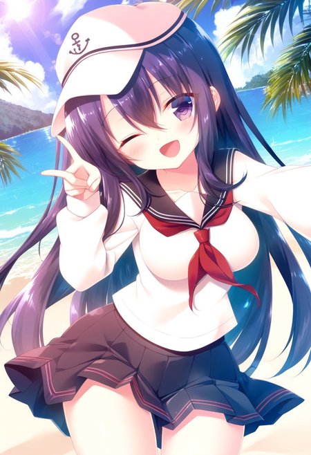 score_9,score_8_up,score_7_up,source_anime,anime, BREAK, 
mitsumomo style, 
(cute),1girl, akatsuki, (medium breasts), purple hair, long hair, hair between eyes, purple eyes, 
serafuku, flat cap, black sailor collar, black skirt, long sleeves, neckerchief, sailor collar, 
smile, cheerful, wink, 
any pose, head tilt, hand on cap, 
outdoors, shiny light, beach,