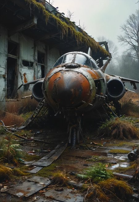 winter, dark, dusk, an abandoned old rusty fighter jet, an overgrown , frame weathered and worn, detailed  <lora:SDXL - Style - Dystopia:0.5>
