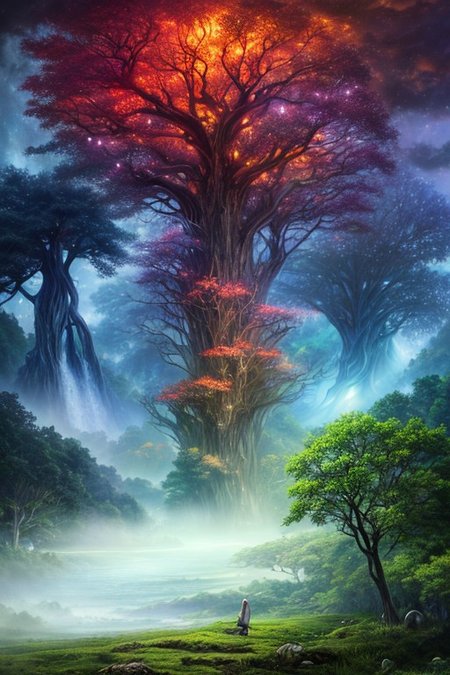 Surreal oil painting,
fantasy forest,giant trees,
an expansive ancient forest, featuring towering oaks, diverse wildlife, a variety of flora, and a feeling of grandeur,forest lake,waterfalls,
glowwave,
dawn,
thunderstorm, and many small clouds, and slightly cloudy,,,