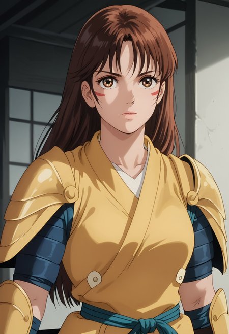 score_9, score_8_up, score_7_up, realistic, fine anime screencap_xl, anime screencap, miakoji, ronin warriors, solo, 1girl, retro, brown hair, 1980s (style), bangs, long hair, hazel eyes, portrait, eye makeup, samurai armor, armor, shoulder armor, gloves, swords, samurai helmet, samurai mask, katanas,