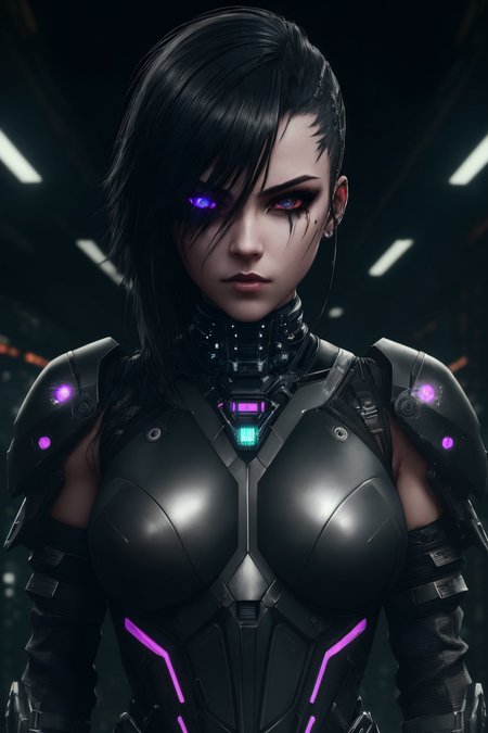 girl, cyberpunk augmentation, cyberware, cyborg, carbon fiber, chrome, implants, metall skull, bloody, cyber plate armor, dark atmosphere, dark night, scars, (black short disheveled hair:1.1), black eyeshadow, beautiful detailed glow, detailed, Cinematic light, intricate detail, highres, rounded eyes, detailed facial features, high detail, sharp focus, smooth, aesthetic,  extremely detailed, insanely detailed and intricate dark industrial factory background, slim body, stylish pose,