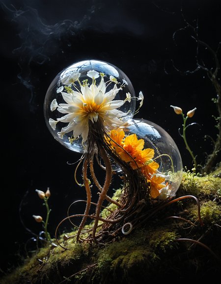 hyper realistic and highly detailed, monochrome masterful traditional oil painting (by Stephan Martiniere, by Alena Aenami, by Yoann Lossel:1.4), dark, dim, dull, shadowy, somber, dusky, lightless, tenebrous, award-winning macro photo, (short depth of field:1.2), (fractal art:0.4), in the fantastic and thwindered savannas of planet "lardspurgel viii", the (fascinating diminutive:1.4) "springy chonkgobbler" with its comportupined iridescent blooms and (long coiled tendrils:1.3) harvests moisture from the perlyfumed air with (delicate translucent membranes:1.3), dry biome, (dappled light:1.2) , perfect composition, full panoramic shot
<lora:xl_more_art-full_v1:0.5> <lora:- SDXL - vanta-black_contrast_V3.0:0.5> <lora:Into_Darkness:0.5>  <lora:add-detail-xl:0.5> <lora:sss:0.6> sss