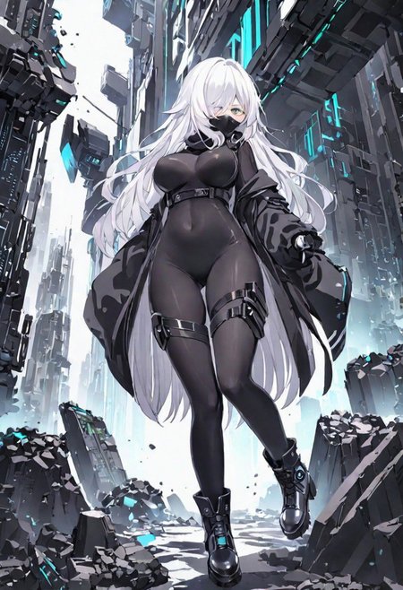 Best quality, masterpiece, sci-fi extremely dim abyss city, one girl with round huge breasts, dynamic movement, moving hands, moving legs, falling debris, long scarf, jet black long messy hair with extremely long fringe, one eye covered, overmasked, black mask over mouth, white eye, black full bodysuit with belts and pockets, mechanical arms, baggy jacket, slim waist, slim belly, tight pants, thick clavicle, thick hips, thick thighs, long boots
