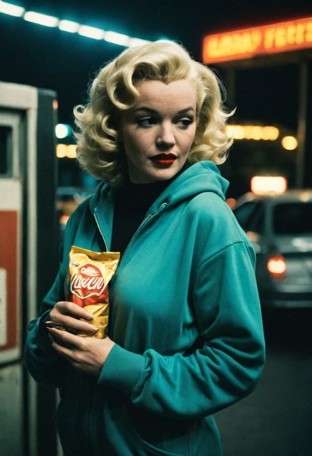 (candid:1.2) (snapshot:1.2) of Marylin Monroe a blue zip-up hoodie over an elegant black dress at a gas station under cold and harsh fluorescent light late at night after a movie premiere (holding a bag of crisps:1.2),  leaning against the wall of, highly detailed face, natural skin texture, realistic skin texture, (skin pores:0.8), (skin oils:0.8), Perfect Hands, shallow depth of field, vignette, highly detailed, night time photography, dimly lit, film grain, (cross-processing:0.6), (lomography:0.6), zavy-cnmtc