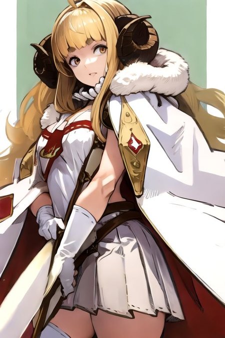solo_focus, 1girl, (((masterpiece))), ((best quality)), ((ultra-detailed)), high resolution, absurdres, highres, ultra-detailed 8k unity wallpaper, 
aniladef, cleavage, cape, white gloves, white thighhighs, pleated skirt, fur trim, pelvic curtain, white tabard