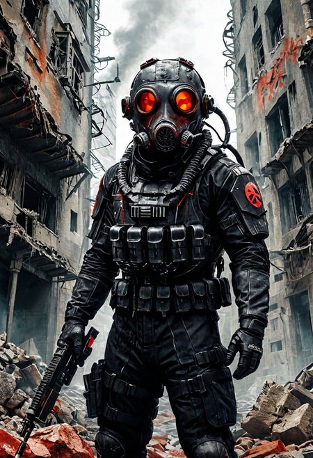 cinematic film still,live action jin-roh the wolf brigade,dystopic riot police officer wearing black power armor and a gas mask with glowing red eyes holding a flamethrower standing in a crumbling city with brutalist architecture and rubble,stalhelm,