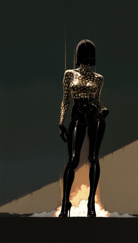 masterpiece, newest,absurdres,incredibly absurdres, best quality, amazing quality, very aesthetic, 
1girl, standing, hand on hips, sexy pose, latex bodysuit, giraffe printed bodysuit, high heels, open plain at sunrise, dramatic sky, long shadows, alternate color, golden hue, sharp focus, dust in light rays,
<lora:ka_marukogedago:1> k4_illu,  <lora:G0zeNA_style:1> G0zeNA_illu,