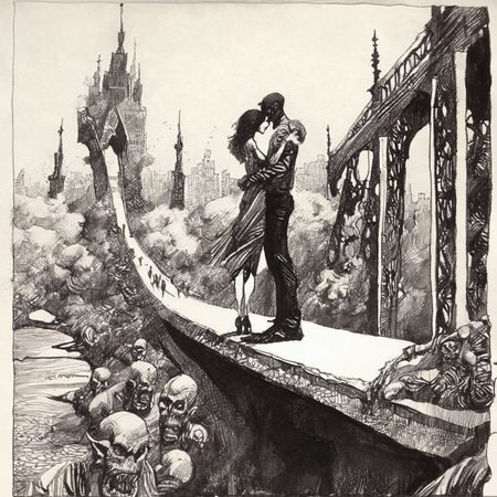 drawix20 lovers on the bridge in demon city, very detailed, black ink <lora:drawix20:1>