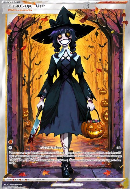 1girl,  creepy susie, ((Goth Girl with very pale skin))  , eyepatch on left eye, smile, grin, 
BREAK
score_9, score_8_up, score_7_up, score_6_up, source_cartoon,
GothMakeup,
black hair bow, black sclera, colored sclera, yellow eyes, short black hair, braids, black dress, black high heels,  stitches, injury, scars, + +, injury, scars, blood, black tears, tr1ck0rtr3at, holding, Halloween bucket in left hand, doorway, street background, jack-o'-lantern, trees, falling leaves, yellow orange and red leaves, holding a butcher knife in right hand, witch hat, pokecards, pokemon cards, colored border, text,
