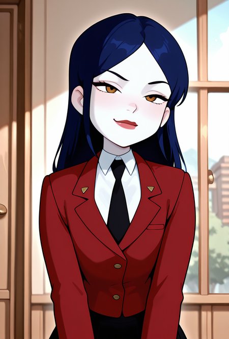 ((cartoon, screencap))  <lora:tiffanyos:1> tiffanyos, 1girl, long hair, blue hair, parted bangs, black necktie, school uniform, black skirt, white shirt, lipstick,red jacket, pale skin,, masterpiece, best quality, amazing quality, very aesthetic, absurdres, newest,, upper body, halftone effect, white borders, abstract background:1.2,