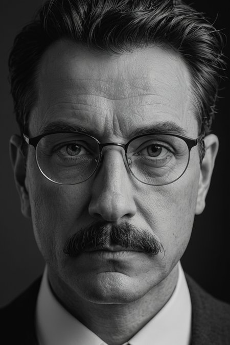 A close-up portrait of a man with moustache and glasses,looking serious into the camera. Black and white,high contrast,reminiscent of the cinematography of Freddie Young