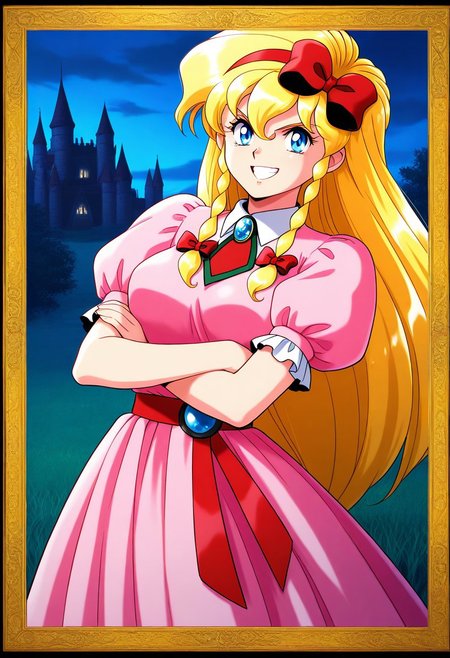 general,highres, ultra-detailed,very aesthetic,best quality ,best hands, BREAK <lora:Maria_Renard_Ver2.0_Castlevania_IS:1>
Maria_Renard, 1girl, solo, blonde hair, very long hair,  red hairband, bangs, breasts, hair bow, twin braids, blue eyes, red bow, crossed arms,
pink dress, bow, open mouth, smile, teeth, transparent background, jewelry, brooch, grin, teeth, short sleeves,  standing, 
puffy sleeves, puffy short sleeves, belt, looking at viewer, border, gem,
night, grass, castle,