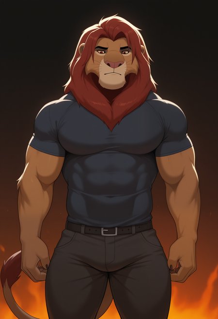 masterpiece,best quality,amazing quality, 1boy, solo,
s1mb4, colored sclera, brown fur, red eyes, red mane, bara, lion tail, shirt, pants,