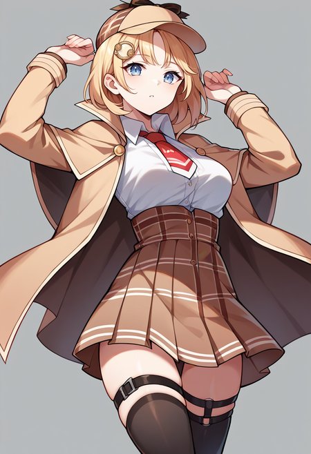score_9,score_8_up,score_7_up,score_6_up,score_5_up,score_4_up,
1girl, watson amelia, large breasts, deerstalker, hat, white shirt, collared shirt, red short necktie, brown capelet, brown coat, brown skirt, high-waist pleated plaid skirt, thigh strap, black thighhighs, monocle, hair ornament, bob cut, 
solo, grey background, simple background, cowboy shot, looking at viewer,
<lora:ameliaponyxl:1>