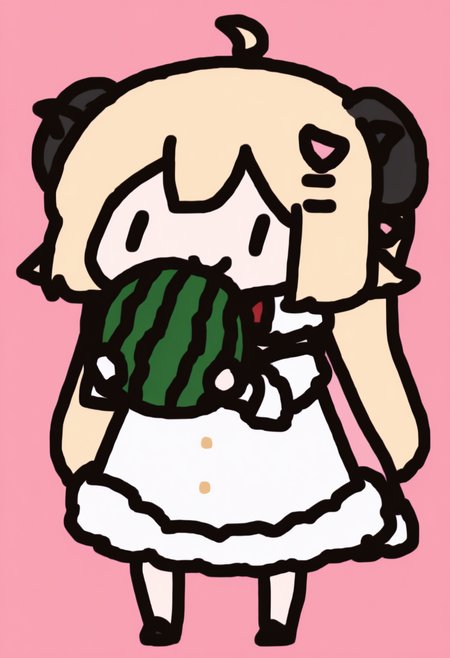 chibi, masterpiece, best quality, <break> full body, solo, 1girl, WtmBase, smile, holding fruit, watermelon, horns, blonde hair, very long hair, ahoge, pink hair ornament, white fur-trimmed dress, short dress, red bowtie, detached sleeves, layered sleeves, pouch, bare shoulders, fur-trimmed cape, pink cape