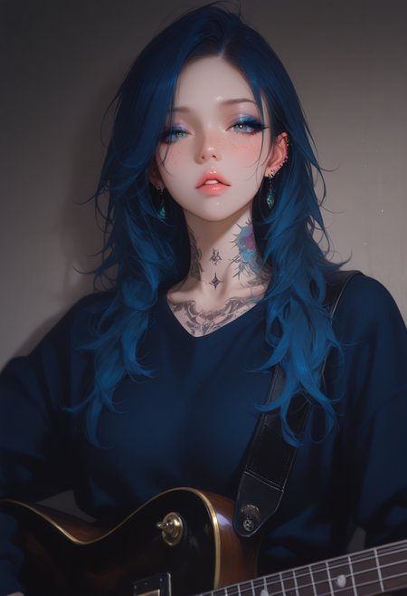 embedding:Illustrious\Positive\IllusP0s, embedding:Illustrious\Positive\IllustriousQual, muses_in_dark, 1girl, tattoo, solo, jewelry, long hair, blue eyes, eyeshadow, earrings, piercing, guitar, blue hair, neck tattoo, instrument, looking at viewer, parted lips, ears piercing, freckles, dark theme, low light, inconsistent lighting, realistic