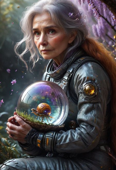 (full body shot), ((an old woman siting with her back to a space mushroom, in an intricate interstellar spacesuit holding a huge alien crystal ball, glowing, and blowing out many huge smoke rings)), (A giant snail|octopus attacking), intricate, (old:1.7), by Moebius and H. R. Giger and Stefan Martiniere and Tomer Hanuka,  hyper detailed, award winning on artstation.com,(intricate details, masterpiece, best quality:1.4), looking at viewer, dynamic pose, wide angle view, dense fog, Different shades of wisteria and grape, embellished with gold decoration, fractal art, in the style of nicola samori, Intense gaze, Bright... ,Model, expression, anthro, Rainbowiridal palette eyes, Shiny..., Bright..., Intense gaze, Fire dragon eyes, Amber cat eyes, Anthro... woman, Genetically modified..., facial expression
