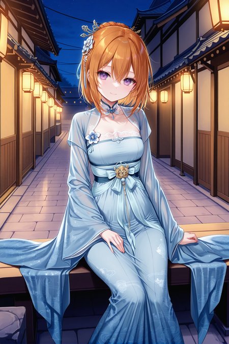 masterpiece, best quality, newest, absurdres, highres,(chen bin: 0.5),(hiten \(hitenkei\):0.4),(rimuu:0.5),(mignon:0.5),(sheya:0.6),
  hana(otome), hair between eyes, hair ribbon, hair ornaments, orange hair, short hair, purple eyes,smile,
  hanfu, blue dress,very long dress,  wide sleeves, hair ornament,furisode, 
outdoors, street,alley,night,sitting,hand on own thigh, <lora:hana(otome)XLNAI:1>,<lora:chenhaihanfuXLNAI-000010:1>