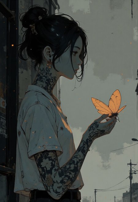 A poignant portrait of a tattooed girl with intricate floral tattoos adorning her arms, her gaze filled with a quiet, melancholic longing. She stands in a soft, shadowed space, her body language relaxed yet heavy with emotion, as she gazes at a beautiful, cybernetic butterfly hovering before her. The butterfly's delicate metallic wings shimmer faintly, its mechanical parts a stark contrast to the softness of the girl's expression.
Her eyes, dark and reflective, hold a mix of sadness and wistfulness, as if she’s witnessing something fragile, yet unreachable. The tattoos on her arms—lush flowers and delicate vines—intertwine with the soft light that filters through the scene, adding a sense of both beauty and impermanence to the moment. Short-sleeved shirt.
The background is blurred and minimalistic, emphasizing the tender, emotional interaction between the girl and the butterfly. The monochromatic palette heightens the sense of nostalgia and introspection, capturing the bittersweet longing in the girl's eyes, as if she’s caught between two worlds—the organic and the artificial. The scene exudes a deeply sentimental atmosphere, filled with a subtle sadness and beauty.
(The tattoos and the butterfly is shining brightly in amber:1)
<lora:Anime v1.3:1.2> <lora:Blue_Future:0.9> <lora:Ethereal_Brush_Anime_v1.0:0.6> <lora:It's a LoRA for portraits, BUT! actually specialized in backgrounds. v1.0:0.2> <lora:Dark_and_sentimental:0.6>