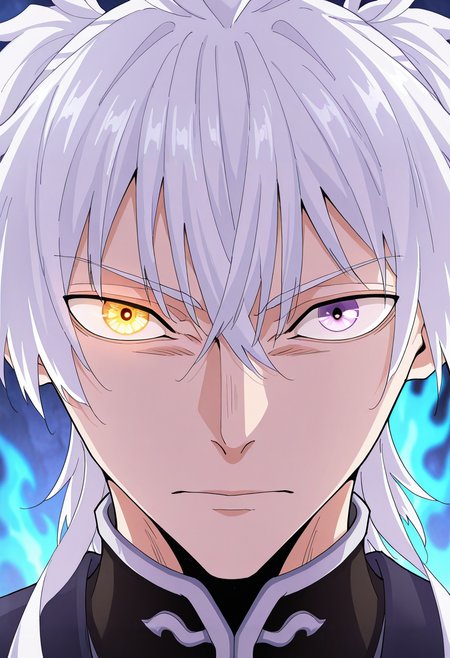 masterpiece, best quality, amazing quality,high resolution,intricate details,official style,depth of field,anime screencap , , , 1boy, solo, male focus,<lora:zhou_yi-fan:0.76>,zhuo-yi fan,white hair,hair tails,heterochromia,glowing one eyes,flame eyes,golden eyes,light purple eyes,looking at viewer,closed up