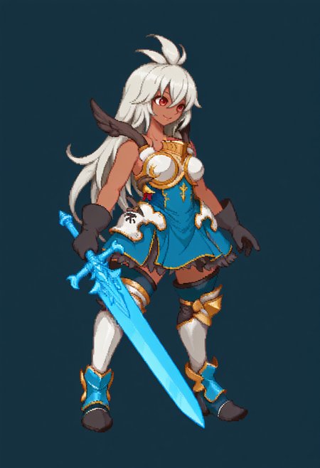 masterpiece, best quality, 1girl, solo, Z00eyBase, red eyes, grey hair, long hair, ahoge, dark skin, armored dress, blue dress, sleeveless, pauldrons, black gloves, waist armor, armored boots, thigh boots, holding sword, smile, pixel art, simple background, full body, <lora:Yoshihiko-illus_Fp:1>, <lora:ChamZooeyNoob:1>