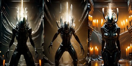 (otherworldly), highly insanely detailed, masterpiece, top quality, best quality, highres, 4k, 8k, RAW photo, (very aesthetic, beautiful and aesthetic), 
__lazy-wildcards/cosplay-char/alien-predator/xenomorph/prompts__, 
<lora:FemXeno:1>, 
(1girl:1.3), eyes focus, 
__lazy-wildcards/dataset/background__,âââ
