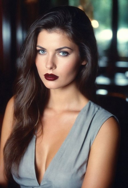 CinematicPortrait woman analog photo brunette (provocative slavic )  masterpiece indoors, (glossy dark lipstick), grey eyes, (restaurant), soft focus, depth of field, film grain, (((looking at viewer))) <lora:CinematicPortraitXL_v3:0.25>  <lora:EuroBabe-v4-XL:0.35>
