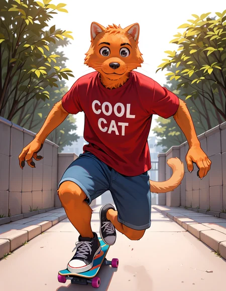 masterpiece, best quality,
c00lc4t, furry male, anthro cat, orange fur, red shirt, t-shirt with "cool cat", 
outdoors, skateboarding,
<lora:cool_cat-IL:0.85>  Stable_Yogis_Illustrious_Positives