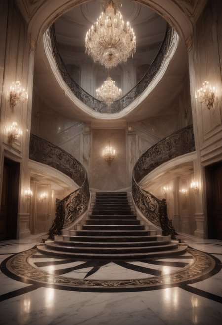 8k raw, soft lighting, photorealism, DSLR photo, cinematic, ultra high details, an award winning photo of a helical staircase in an ornate room, marble floor, chandelier, night